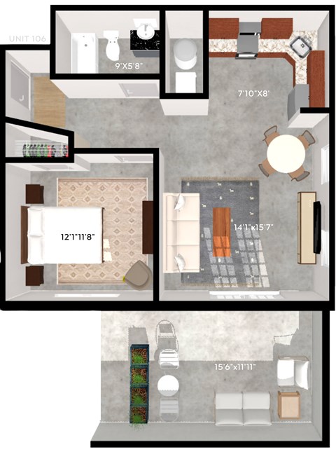 Floor plan for 1 bed, 1 bath, 625 sqft